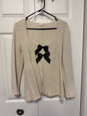 Zara Cream Knit Cardigan with Black Bow Accents